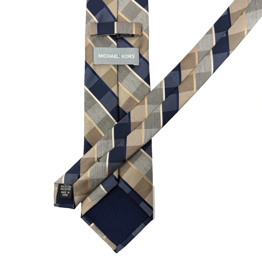 Michael Kors Plaid Check Necktie Blue Gray‎ Beige Polyester 59x3